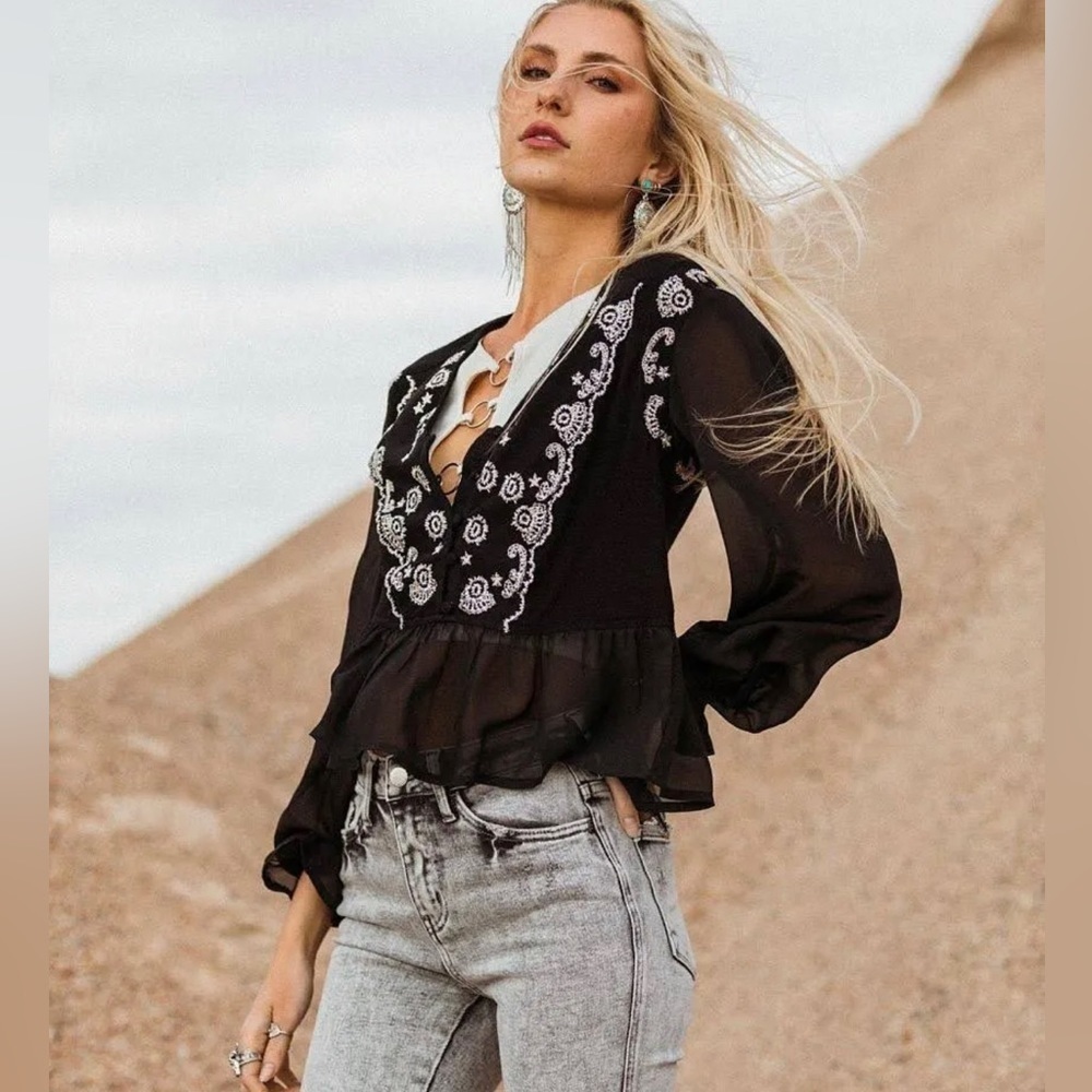 - Embroidered Mesh Peplum Top